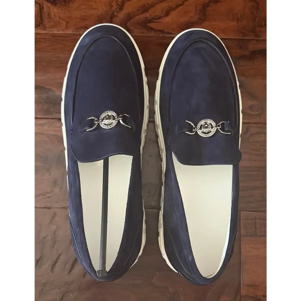 $925 NIB Versace Medusa 95 Greca Suede Loafers Navy Men's EU 46 US 13